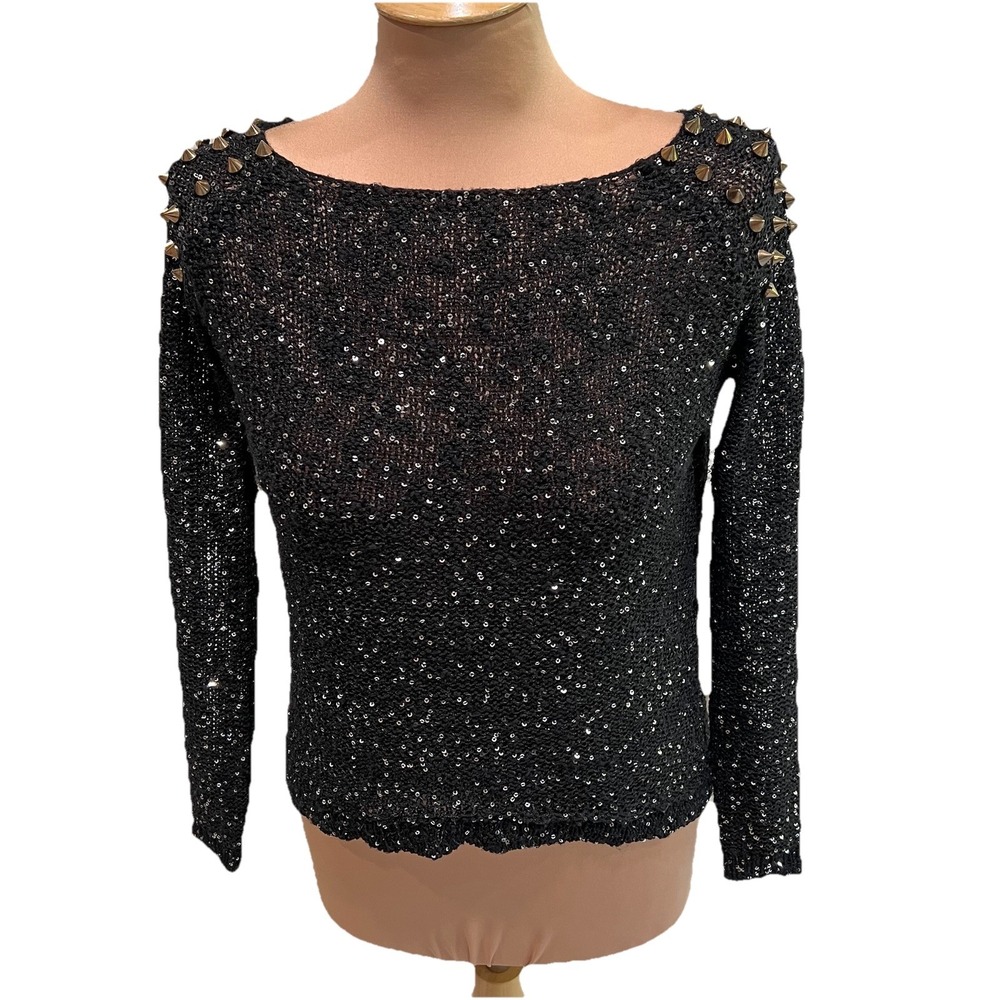 Women's Black Sequin Spiked Pullover Sweater Size S/M Whimsigoth Grunge‎ Goth